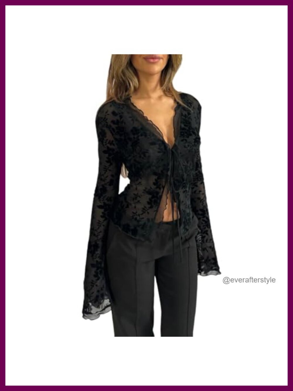 Sheer Mesh Lace Crop Top Long Flare Sleeve Deep V Neck Slim Fit Women's